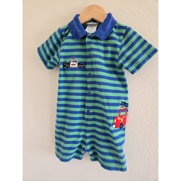 24 Month Vintage Okie Dokie Striped Romper With Emergency Vehicle Appliques - Picture 2 of 5